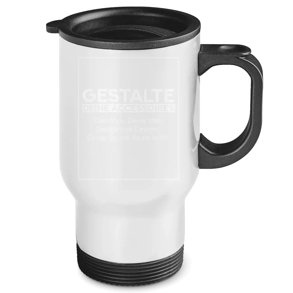 Edelstahl-Thermobecher selbst gestalten | Mit eigenem Design, personalisierbarer Becher in Weiß mit schwarzem Henkel.